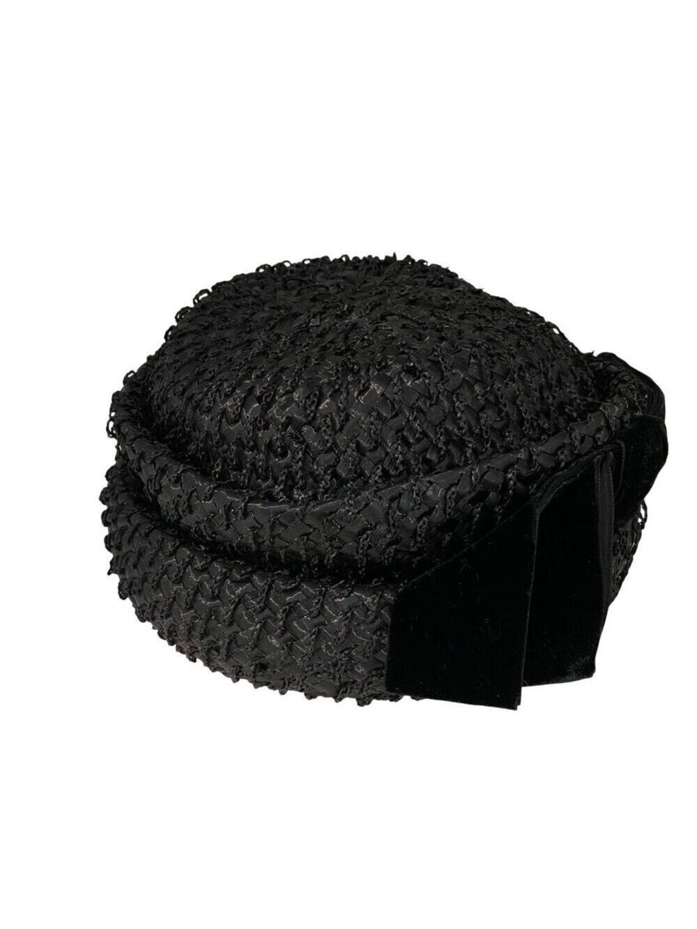 Vintage Piko Montreal New York Black Woven Straw Hat With Velvet Bow Accent Wome